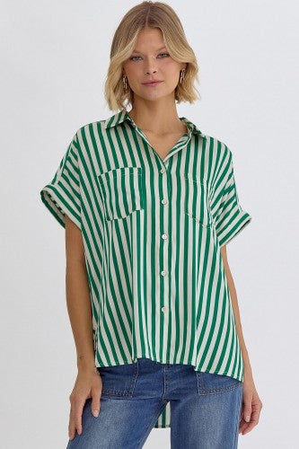 Green + White Stripe Collared Button Up