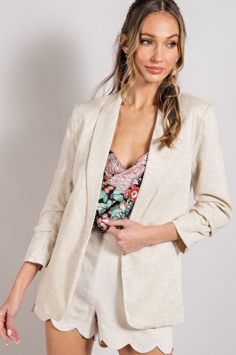 Natural Linen Blazer with Ruched Sleeve