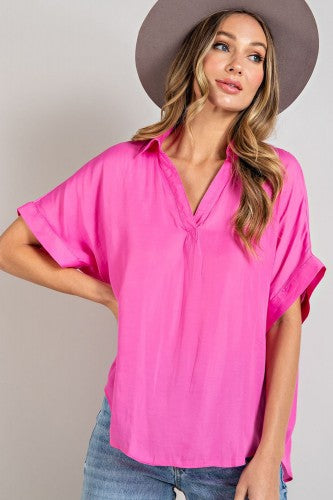 Candy Pink Collared Easy Blouse