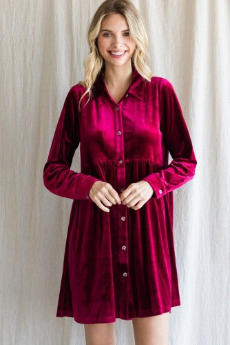 Wine Velvet Button Up Babydoll Dress