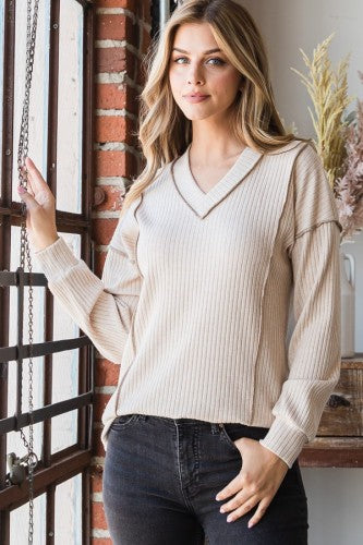 Oatmeal V Neck Exposed Seam L/S