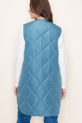 Dusty Blue Long Padded Quilted Vest with Buttons