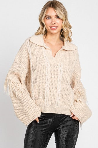 Natural Woven V Neck with Fringe