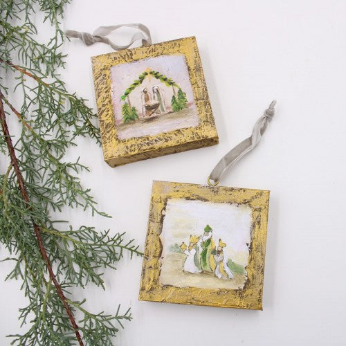 4x4" Handpainted Evergreen Nativity Canvas Ornament