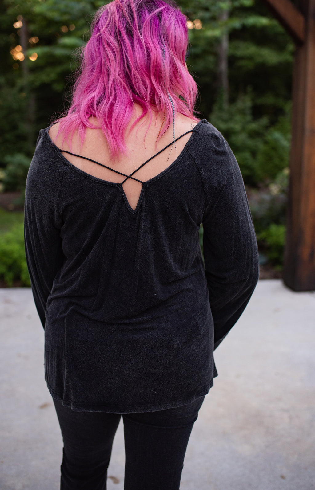 Black Washed Long Sleeve with Rivets V Neck